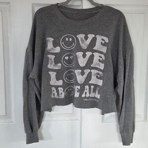 Smiley World Love Above All Cropped Sweatshirt Gray Oversized
